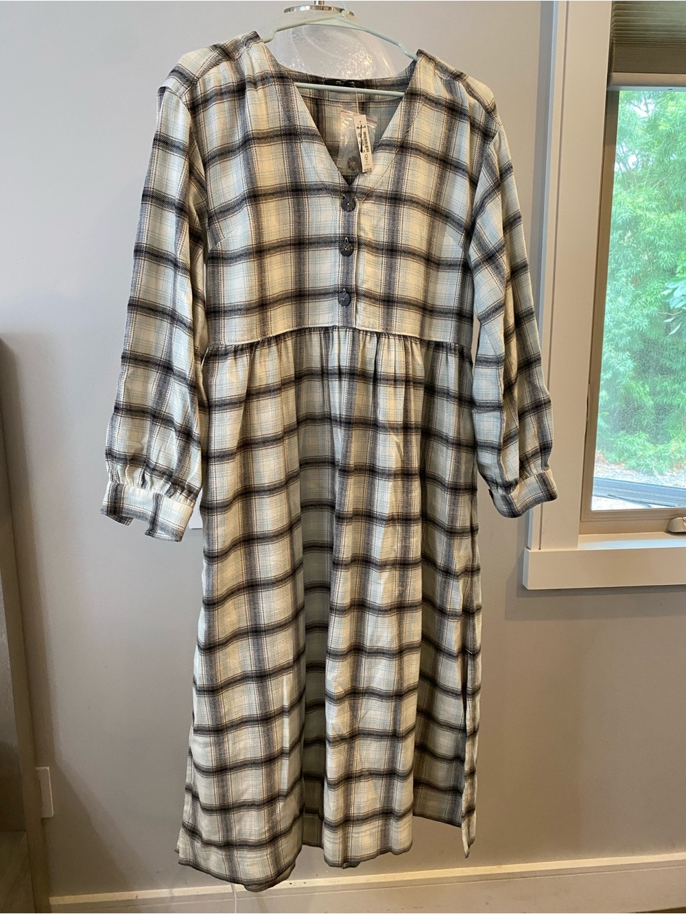 Madewell Cream and Black Plaid Button-Front Midi Dress